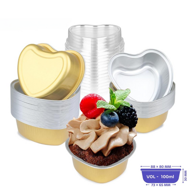 100ml - Aluminium Heart shaped Baking Cup with Lid - Pack of 100